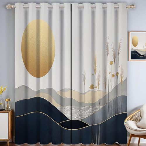 ZISTRCBAO Sonnenuntergangsberg Verdunkelungsvorhänge, Japanischer Stil Thermisch Isoliert Fensterbehandlung Vorhänge Für Wohnzimmer Dekoration, Gold 2 Paneele H213xB66cm von ZISTRCBAO