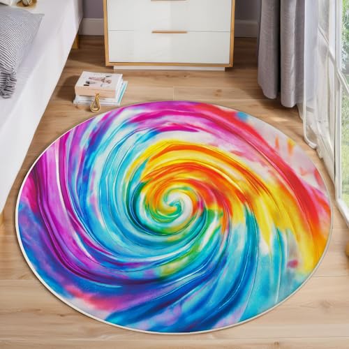 ZISTRCBAO Spiral-Batik Runder Teppich, Retro-Aquarell Runde, Weich Waschbar rutschfest Wohnzimmer Schlafzimmer Nachttisch Restaurant Korridor Fußmatte (160cm, Mehrfarbig) von ZISTRCBAO