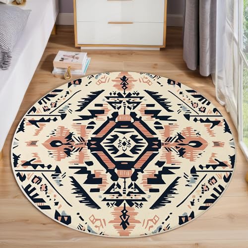 ZISTRCBAO Stammesgeometrische Kurzflor Teppich Rund, Azteken-Stil Wohnzimmerteppich, Beige Runder Teppich 160cm Round Eingangsbereich Waschbar Weich for Wohnzimmer Schlafzimmer Studie Heimbüro von ZISTRCBAO