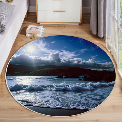 ZISTRCBAO Strand Meer Runder Teppich, Landschaftsrealismus Runde Teppiche, Weich Waschbar rutschfest Wohnzimmer Schlafzimmer Nachttisch Restaurant Korridor Fußmatte Teppiche (80cm, Blau) von ZISTRCBAO