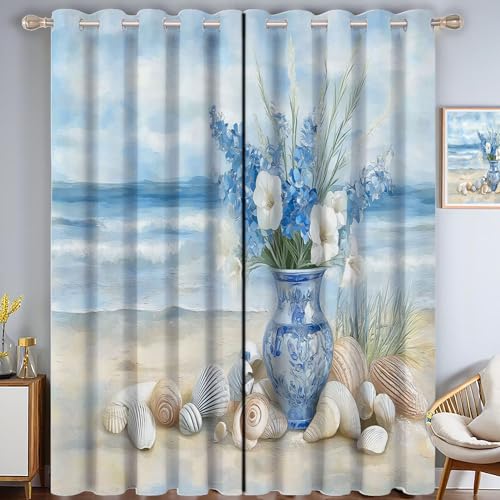 ZISTRCBAO Strandmuschelblumen Verdunkelungsvorhänge, Küstenlandschaft Thermisch Isoliert Fensterbehandlung Vorhänge Für Wohnzimmer Dekoration, Blau 2 Paneele H182xB91cm von ZISTRCBAO