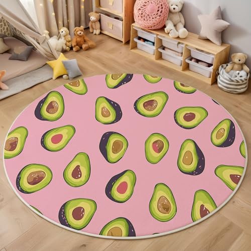 ZISTRCBAO Süße Avocado Kurzflor Teppich Rund, Süß Verträumt Wohnzimmerteppich, Rosa Runder Teppich 60cm Round Eingangsbereich Waschbar Weich for Wohnzimmer Schlafzimmer Studie Heimbüro von ZISTRCBAO