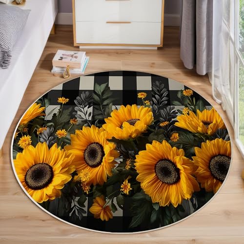 ZISTRCBAO Sunfloral Schwarz-Weiß-Plaid Runder Teppich, Retro Blumen Runde Teppiche, Weich Waschbar rutschfest Wohnzimmer Schlafzimmer Nachttisch Restaurant Korridor Fußmatte Teppiche (160cm, Gelb) von ZISTRCBAO