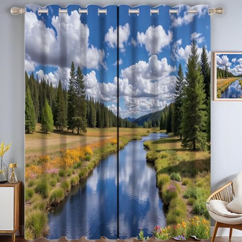 ZISTRCBAO Talwald Verdunkelungsvorhänge, Natürliche Landschaft Thermisch Isoliert Fensterbehandlung Vorhänge Für Wohnzimmer Dekoration, Blau 2 Paneele H213xB137cm von ZISTRCBAO