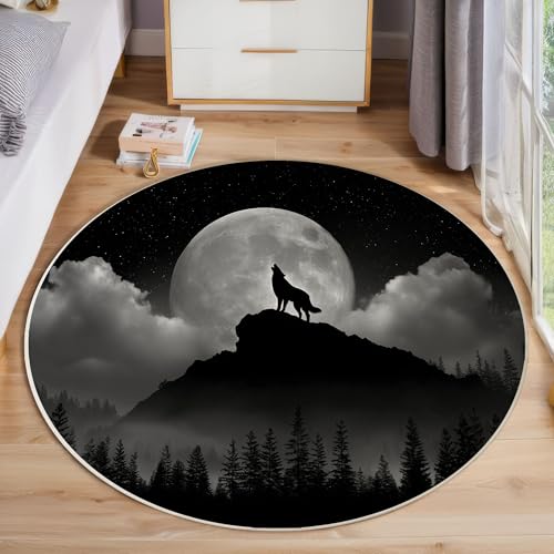 ZISTRCBAO Tier Wolf Berggipfel Runder Teppich, Fantasy-Kunst Runde Teppiche, Weich Waschbar rutschfest Wohnzimmer Schlafzimmer Nachttisch Restaurant Korridor Fußmatte Teppiche (120cm, Schwarz) von ZISTRCBAO
