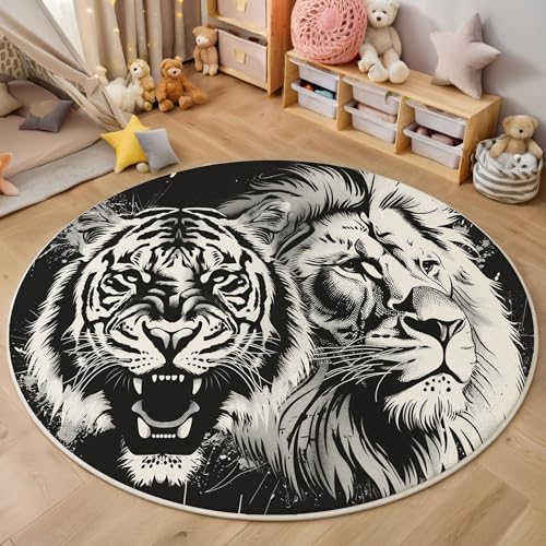ZISTRCBAO Tiger-Löwe Teppich Rund 180cm, Aquarell Tiere Runder Pflegeleichter Teppich, Schwarz Waschbarer Teppiche Schlafzimmer Teppiche Kurzflor Für Wohnzimmer Schlafzimmer Esszimmer von ZISTRCBAO