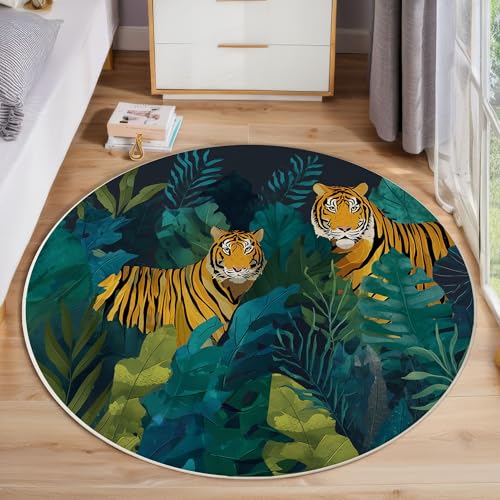 ZISTRCBAO Tigerpalmenblätter Runder Teppich, Tropische Pflanzen Tiere Runde Teppiche, Weich Waschbar rutschfest Wohnzimmer Schlafzimmer Nachttisch Restaurant Korridor Fußmatte Teppiche (120cm, Grün) von ZISTRCBAO