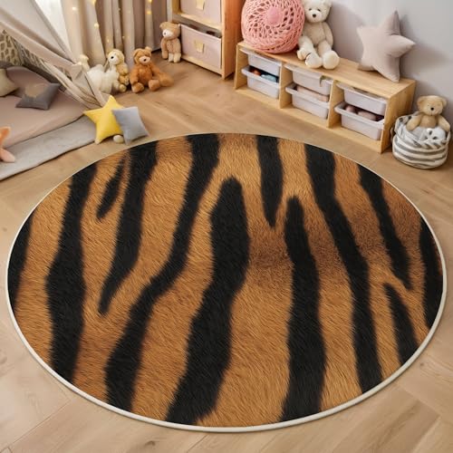 ZISTRCBAO Tigerstreifen Kurzflor Teppich Rund, Tiertextur Wohnzimmerteppich, Orange Runder Teppich 120cm Round Eingangsbereich Waschbar Weich for Wohnzimmer Schlafzimmer Studie Heimbüro von ZISTRCBAO