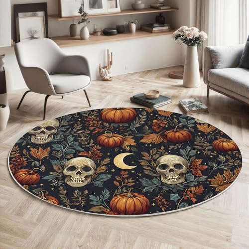 ZISTRCBAO Totenkopf-Kürbis rutschfest Runder Teppich 100cm, Halloween Runder Teppich Wohnzimmer, Mehrfarbig Dekoration Teppiche Weich Waschbar Für Zuhause Bodenmatte Schlafzimmer Dekorativer Teppiche von ZISTRCBAO