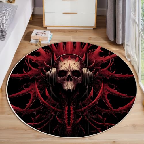ZISTRCBAO Totenkopf Mit Kopfhörern Kurzflor Teppich Rund, Gotisch Wohnzimmerteppich, Rot Runder Teppich 60cm Round Eingangsbereich Waschbar Weich for Wohnzimmer Schlafzimmer Studie Heimbüro von ZISTRCBAO
