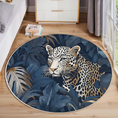 ZISTRCBAO Tropischer Dschungelleopard Runder Teppich, Pflanzentiere Runde, Weich Waschbar rutschfest Wohnzimmer Schlafzimmer Nachttisch Restaurant Korridor Fußmatte (120cm, Blau) von ZISTRCBAO