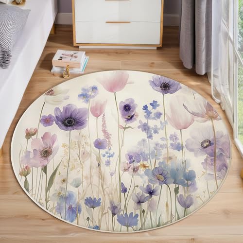 ZISTRCBAO Tulpenanemone Runder Teppich, Aquarell Blumen Runde, Weich Waschbar rutschfest Wohnzimmer Schlafzimmer Nachttisch Restaurant Korridor Fußmatte (120cm, Lila) von ZISTRCBAO