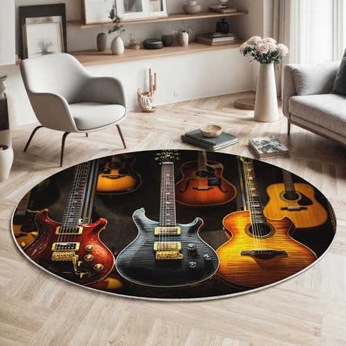 ZISTRCBAO Vintage-Gitarre Teppich Rund 180cm, Musikthema Kurzflor Teppich Rund, Anti-Rutsch Unterseite Weich Kreisteppich Für Wohnzimmer, Schlafzimmer, Büro, Braun ZISTRCBAO Vintage-Gitarre Teppich Rund 180cm, Musikthema Kurzflor Teppich Rund, Anti-Rutsch Unterseite Weich Kreisteppich Für Wohnzimmer, Schlafzimmer, Büro, Braun von ZISTRCBAO