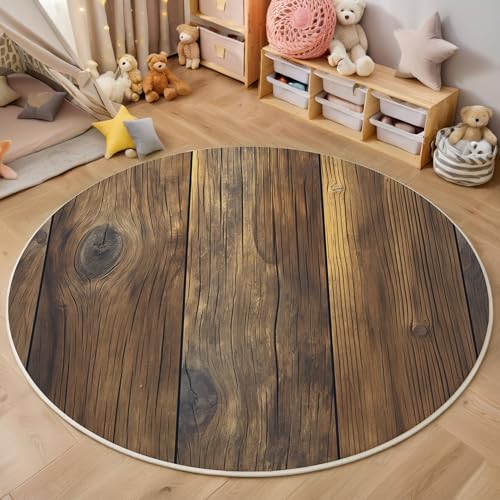 ZISTRCBAO Vintage Holzbrett Textur Rund Bereich Teppich 120cm, Rustikaler Stil Weich Teppich Rund, Waschbar rutschfest Wohnzimmer Teppiche Für Schlafzimmer Terrasse Garten Küchen, Dunkelbraun von ZISTRCBAO