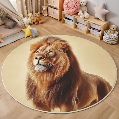 ZISTRCBAO Vintage Löwe rutschfest Runder Teppich 60cm, Tierrealismus Runder Teppich Wohnzimmer, Braun Dekoration Teppiche Weich Waschbar Für Zuhause Bodenmatte Schlafzimmer Dekorativer Teppiche von ZISTRCBAO