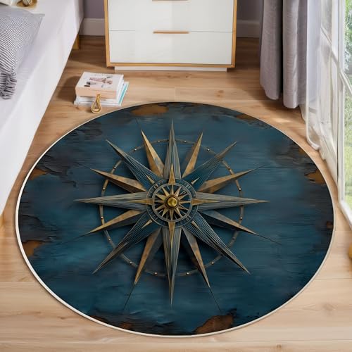 ZISTRCBAO Vintage Rosenkompass Runder Teppich, Nautisches Thema Runde Teppiche, Weich Waschbar rutschfest Wohnzimmer Schlafzimmer Nachttisch Restaurant Korridor Fußmatte Teppiche (60cm, Dunkelblau) von ZISTRCBAO