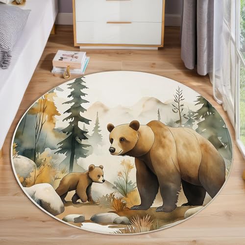 ZISTRCBAO Waldbraunbär Rund Teppich Kurzflor, Vintage Tier Ultradünner Waschbarer Runder Teppich Für Den Innen Und Außenbereich Schlafzimmer Wohnzimmer Terrasse Garten 60cm, Braun von ZISTRCBAO