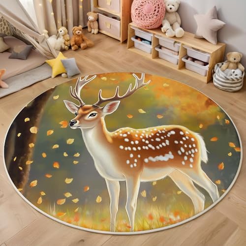 ZISTRCBAO Waldelchtier Runder Teppich, Fantasy-Kunst Runde, Weich Waschbar rutschfest Wohnzimmer Schlafzimmer Nachttisch Restaurant Korridor Fußmatte (180cm, Hellbraun) von ZISTRCBAO