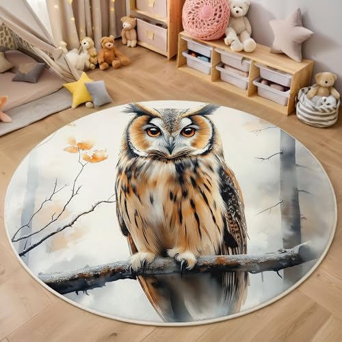 ZISTRCBAO Waldeule Runder Teppich, Aquarell Tier Runde, Weich Waschbar rutschfest Wohnzimmer Schlafzimmer Nachttisch Restaurant Korridor Fußmatte (80cm, Braun) von ZISTRCBAO