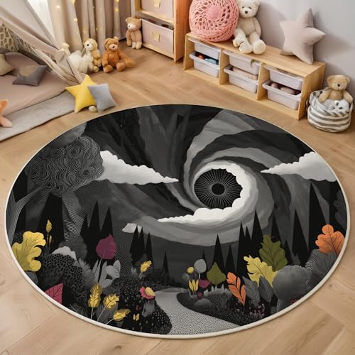 ZISTRCBAO Waldwolken Runder Teppich, Jugendstil Runde Teppiche, Weich Waschbar rutschfest Wohnzimmer Schlafzimmer Nachttisch Restaurant Korridor Fußmatte Teppiche (80cm, Schwarz) von ZISTRCBAO