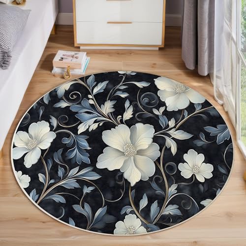 ZISTRCBAO Weiße Blumen Rund Bereich Teppich 80cm, Vintage-Eleganz Weich Teppich Rund, Waschbar rutschfest Wohnzimmer Teppiche Für Schlafzimmer Terrasse Garten Küchen, Blau von ZISTRCBAO