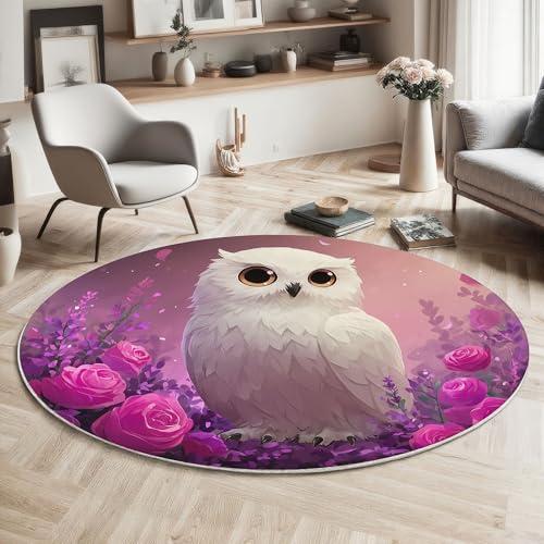 ZISTRCBAO Weiße Eulenrose Kurzflor Teppich Rund, Cartoon-Tier Wohnzimmerteppich, Lila Runder Teppich 180cm Round Eingangsbereich Waschbar Weich for Wohnzimmer Schlafzimmer Studie Heimbüro von ZISTRCBAO
