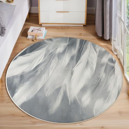 ZISTRCBAO Weiße Federn rutschfest Runder Teppich 60cm, Moderne Kunst Runder Teppich Wohnzimmer, Grau Dekoration Teppiche Weich Waschbar Für Zuhause Bodenmatte Schlafzimmer Dekorativer Teppiche von ZISTRCBAO