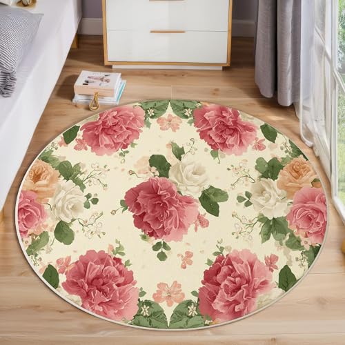 ZISTRCBAO Weiße Rosa Rosen rutschfest Runder Teppich 80cm, Aquarell Blumen Runder Teppich Wohnzimmer, Rosa Dekoration Teppiche Weich Waschbar Für Zuhause Bodenmatte Schlafzimmer Dekorativer Teppiche von ZISTRCBAO