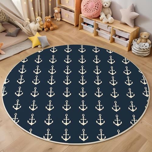 ZISTRCBAO Weißer Anker Kurzflor Teppich Rund, Nautisches Thema Wohnzimmerteppich, Dunkelblau Runder Teppich 160cm Round Eingangsbereich Waschbar Weich for Wohnzimmer Schlafzimmer Studie Heimbüro von ZISTRCBAO