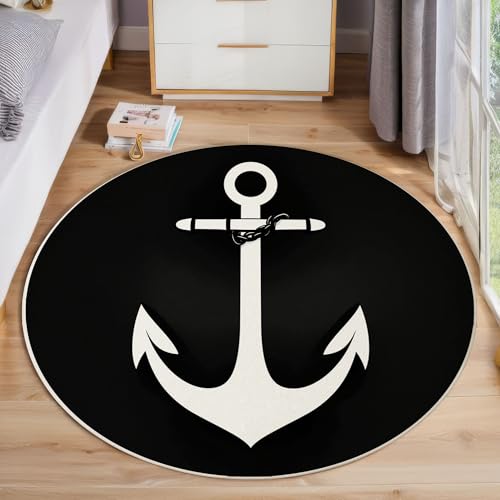 ZISTRCBAO Weißer Anker Runder Teppich, Ozean-Hauptbild Runde, Weich Waschbar rutschfest Wohnzimmer Schlafzimmer Nachttisch Restaurant Korridor Fußmatte (160cm, Schwarz) von ZISTRCBAO