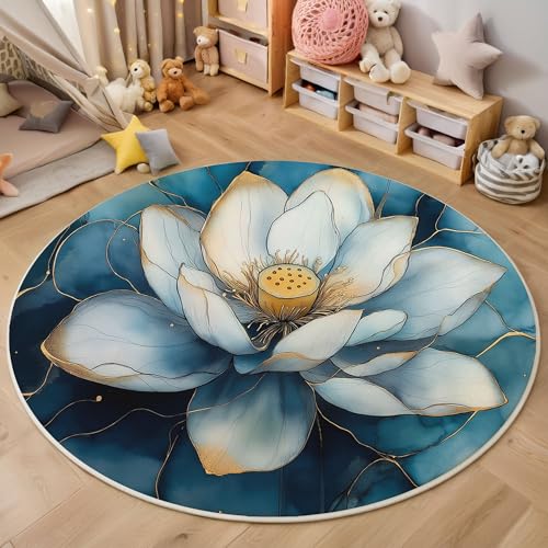 ZISTRCBAO Weißer Lotus Rund Bereich Teppich 180cm, Aquarell Blumen Weich Teppich Rund, Waschbar rutschfest Wohnzimmer Teppiche Für Schlafzimmer Terrasse Garten Küchen, Blau von ZISTRCBAO