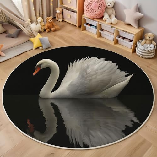 ZISTRCBAO Weißer Schwan rutschfest Runder Teppich 60cm, Tierrealismus Runder Teppich Wohnzimmer, Schwarz Dekoration Teppiche Weich Waschbar Für Zuhause Bodenmatte Schlafzimmer Dekorativer Teppiche von ZISTRCBAO