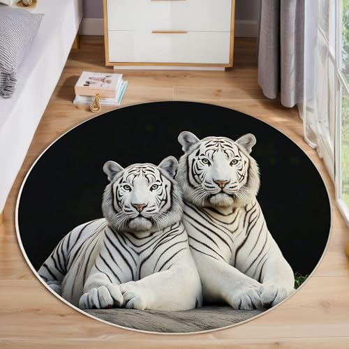 ZISTRCBAO Weißer Tiger Kurzflor Teppich Rund, Tierrealismus Wohnzimmerteppich, Weiß Runder Teppich 80cm Round Eingangsbereich Waschbar Weich for Wohnzimmer Schlafzimmer Studie Heimbüro von ZISTRCBAO