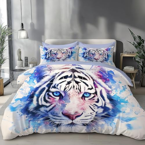 ZISTRCBAO Weißer Tiger Wende BettwäSche Set 155 x 220 cm, Aquarell Tier BettwäSche Set 3 Teilig Blau Bettbezug Mit ReißVerschluss Weiche Mikrofaser BettbezüGe Mit 2 Kissenbezug ZISTRCBAO Weißer Tiger Wende BettwäSche Set 155 x 220 cm, Aquarell Tier BettwäSche Set 3 Teilig Blau Bettbezug Mit ReißVerschluss Weiche Mikrofaser BettbezüGe Mit 2 Kissenbezug von ZISTRCBAO