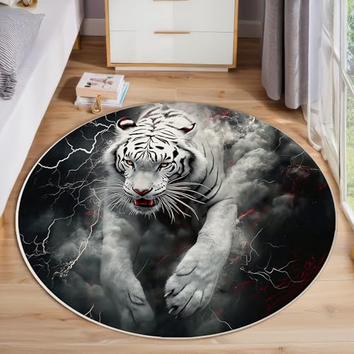 ZISTRCBAO Weißes Tigertier rutschfest Runder Teppich 180cm, Tierportrait Runder Teppich Wohnzimmer, Schwarz Dekoration Teppiche Weich Waschbar Für Zuhause Bodenmatte Schlafzimmer Dekorativer Teppiche von ZISTRCBAO