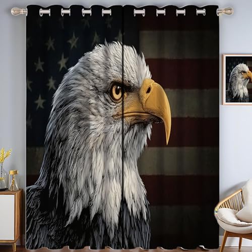 ZISTRCBAO Weißkopfseeadler Mit Amerikanischer Flagge Verdunkelungsvorhänge, Retro-Stil Thermisch Isoliert Fensterbehandlung Vorhänge Für Wohnzimmer Dekoration, Grau 2 Paneele H213xB137cm von ZISTRCBAO