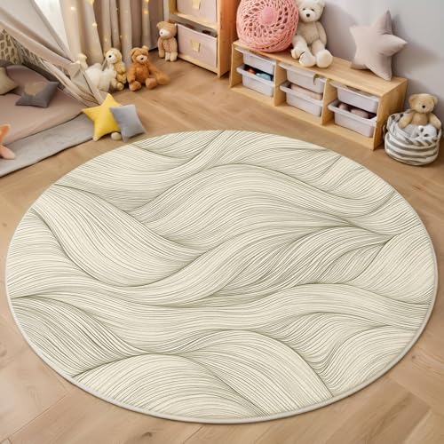 ZISTRCBAO Wellenförmige Streifen Kurzflor Teppich Rund, Moderne Schlichtheit Teppich Runder 120cm, Beige Kreis Eingangsteppich Maschine Waschbarer Teppiche Für Wohnzimmer Schlafzimmer Küchenakzent von ZISTRCBAO