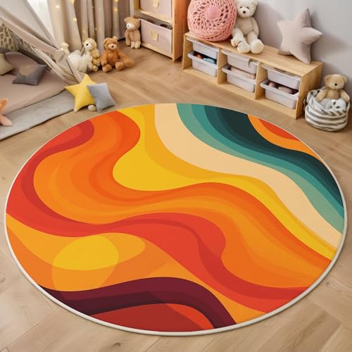 ZISTRCBAO Wellenförmige Streifen Kurzflor Teppich Rund, Retro-Abstrakt Wohnzimmerteppich, Orange Runder Teppich 160cm Round Eingangsbereich Waschbar Weich for Wohnzimmer Schlafzimmer Studie Heimbüro von ZISTRCBAO