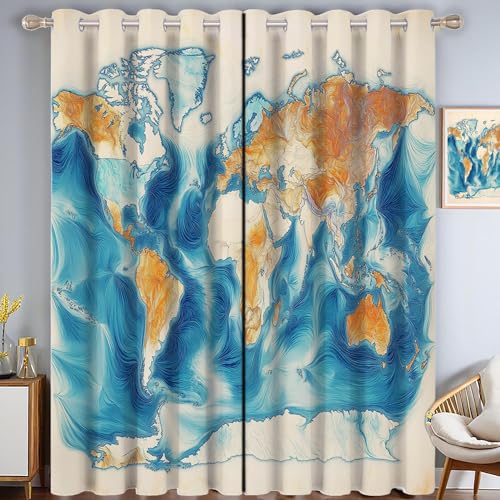 ZISTRCBAO Weltkarte Verdunkelungsvorhänge, Aquarellstil Thermisch Isoliert Fensterbehandlung Vorhänge Für Wohnzimmer Dekoration, Blau 2 Paneele H99xB68.5cm von ZISTRCBAO