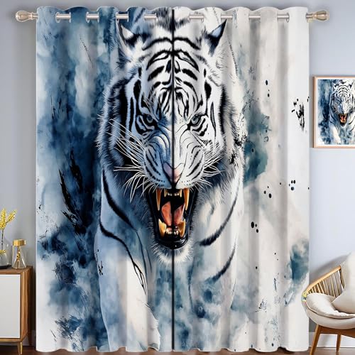 ZISTRCBAO Wütender Tiger Schlafzimmervorhänge, Aquarellstil Vorhänge Mit ösen Verdunkelung Wärmeschutzvorhang Thermovorhang Für Wohnzimmer Schlafzimmer, Weiß, 2er Set H99xB68.5cm von ZISTRCBAO