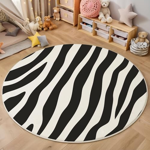 Zebrastreifen Kurzflor Teppich Rund, Tiertextur Wohnzimmerteppich, Schwarz Runder Teppich 180cm Round Eingangsbereich Waschbar Weich for Wohnzimmer Schlafzimmer Studie Heimbüro von ZISTRCBAO