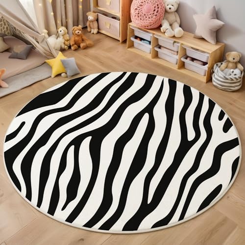 Zebrastreifen Kurzflor Teppich Rund, Tiertextur Wohnzimmerteppich, Schwarz Und Weiß Runder Teppich 120cm Round Eingangsbereich Waschbar Weich for Wohnzimmer Schlafzimmer Studie Heimbüro von ZISTRCBAO