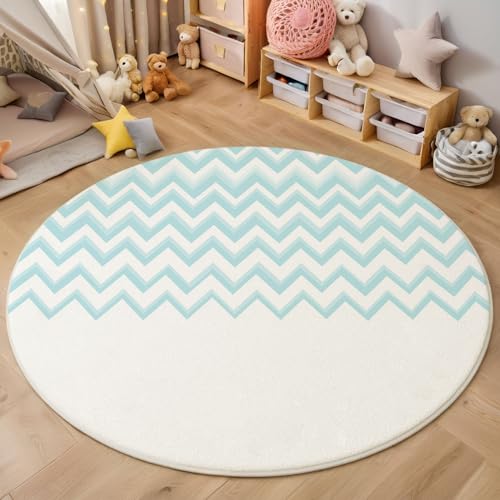 Zickzack-Streifen Runder Teppich, Moderne Abstraktion Runde Teppiche, Weich Waschbar rutschfest Wohnzimmer Schlafzimmer Nachttisch Restaurant Korridor Fußmatte Teppiche (180cm, Hellblau) von ZISTRCBAO