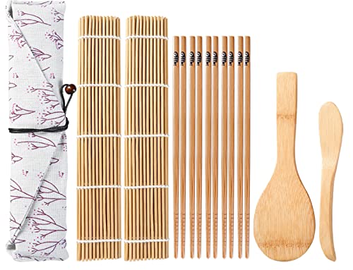 ZITFRI Sushi Set für Anfänger - Selbst Machen Set mit 2 Rollmatten, Reisstreuer, Paddy Paddel, 5 Paar Stäbchen und Beutel - 10-Teiliges Matte Set von ZITFRI