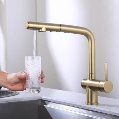 Küchenarmatur 3-Wege, Küchenarmaturen ausziehbar, Messing, 360 Grad drehbar, Heiß- und Kaltwasser-Teleskopbrause, Küchenspüle-Wasserhahn, 3-Wege, gebürstetes Gold elegant von ZITTRO