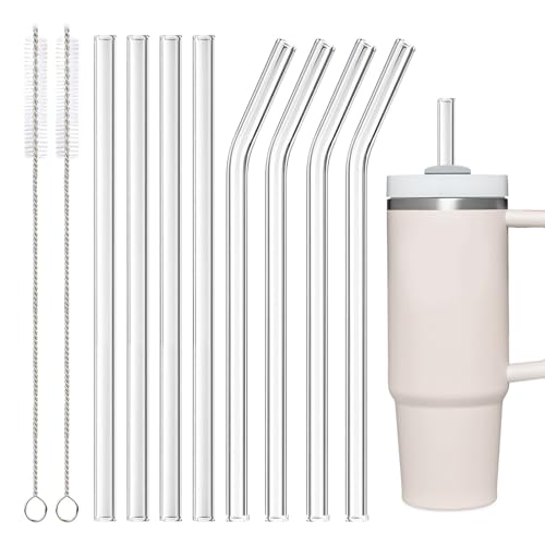 Glasstrohhalme 31 cm lang für Stanley Adventure Quencher Reisebecher 40 oz, Packung mit 8 Ersatz-Strohhalmen und 2 Reinigungsbürsten (8 Stück transparent (4 gerade + 4 gebogen)) von ZITUZY