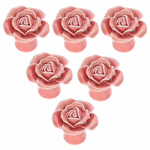 ZIUBMVDYC Keramikknöpfe Türgriffe, 6 Stück Keramik-Türknäufe mit einem Loch, elegante rote Rosen-Blumengriffe, Schrankknöpfe mit Befestigungsschrauben(Pink) von ZIUBMVDYC