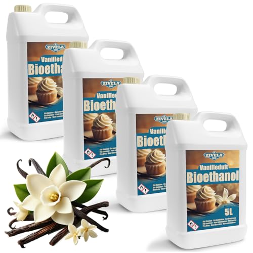 Bioethanol 96,6% 20L | Bio Alkohol Vanilleduft 96,6% 4x5L | Bioethanol für Kamin, Tischkamin, Bioethanol Kamin | Bioethanol Vanilleduft | Saubere Verbrennung, ohne Rauch, lebendige und stabile Flamme von ZIVELA