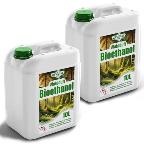 Bioethanol 96,6% 20L | Bio Alkohol Waldduft 96,6% 2x10L | Bioethanol für Kamin, Tischkamin | Bioethanol Waldduft | Saubere Verbrennung, ohne Rauch, lebendige und stabile Flamme von ZIVELA