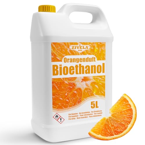 Bioethanol 96,6% 5L | Bio Alkohol Orangeduft 96,6% 5L | Bioethanol für Kamin, Tischkamin, Bioethanol Kamin | Bioethanol Orangeduft | Saubere Verbrennung, ohne Rauch, lebendige und stabile Flamme von ZIVELA
